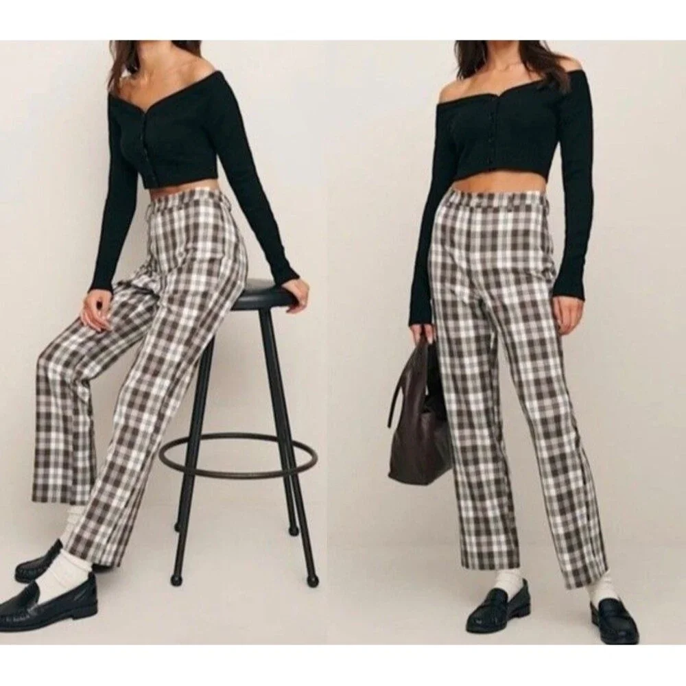 Reformation Y2K Women’s Franklin brown Plaid Straight Leg Pants Rayon Sz 2 - Picture 1 of 16